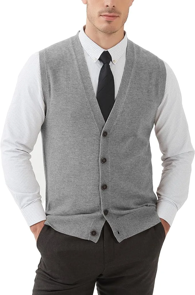 Kallspin Men's Sweater Vest Wool Blend V-Neck Button Sleeveless Cardigan Vest Sweater