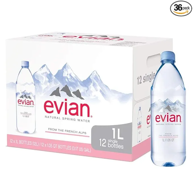 Evian Natural Spring Water One Case of 12 Individual Bottles Each Bottle Is 1 Liter Naturally Filtered Spring Water in Large Bottles 3 Cases 36 Cou