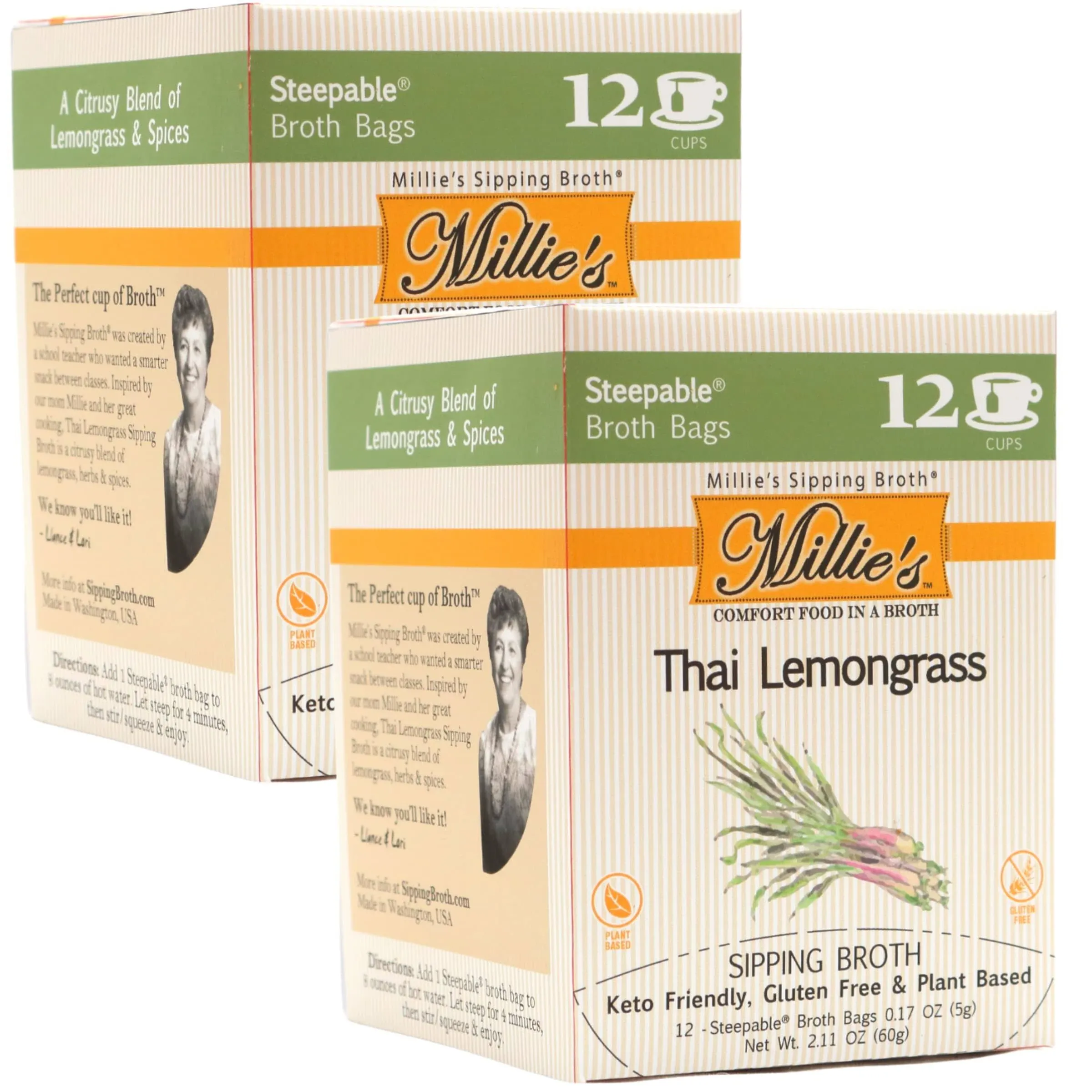 "Millie's Thai Lemongrass Sipping Broth - 2 Box - 12 Count (24 Servings)"