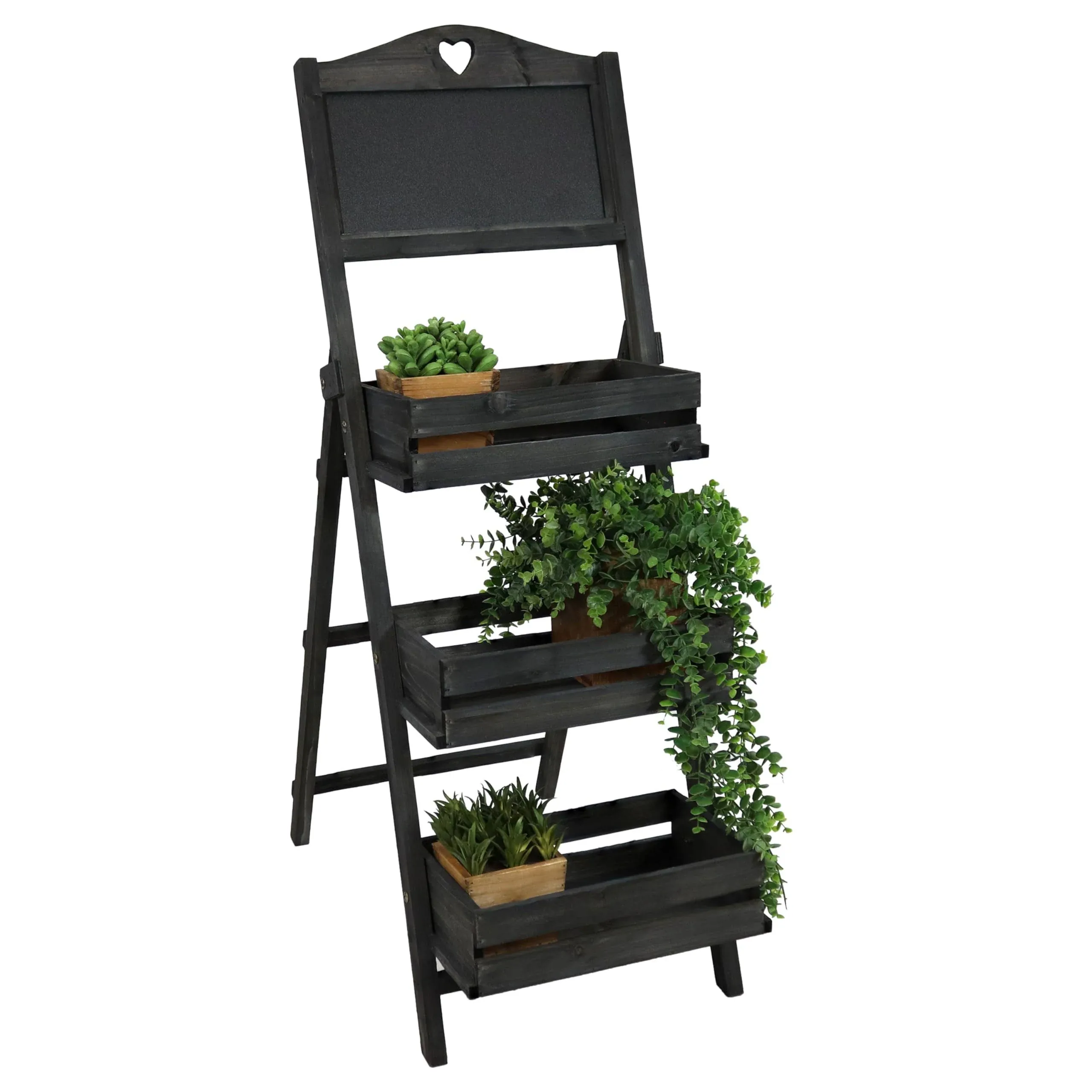 Sunnydaze Country Heart Ladder Plant Stand with Chalkboard - 41&#8221; H - Black