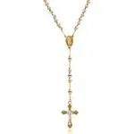 Savlano 14K Gold Plated Beaded Rosary Cross Necklace – 6.5mm Crucifix Cross Medallion Rosary Chain Y-Necklace for Women & Men Religious Jewelry