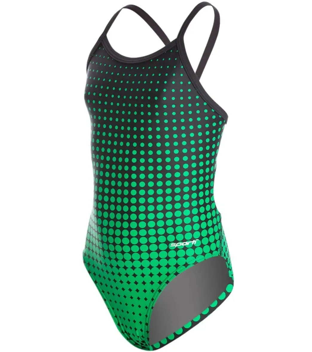 Sporti Molecule Thin Strap One Piece Swimsuit Youth 22-28 - Green/Black | Lycra /Nylon/Xtra/Life - Swimoutlet.com