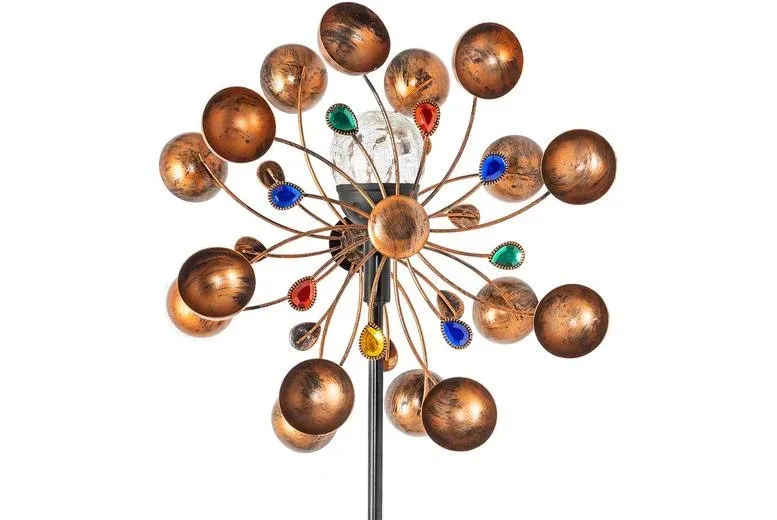 SteadyDoggie 75-Inch Wind Spinners Jewel Cup - Solar-Powered with Multi-Color LED Glass Ball - Metal Kinetic Windmill for Dual Wind Direction - Easy to Assemble Garden and Outdoor Yard Decorations