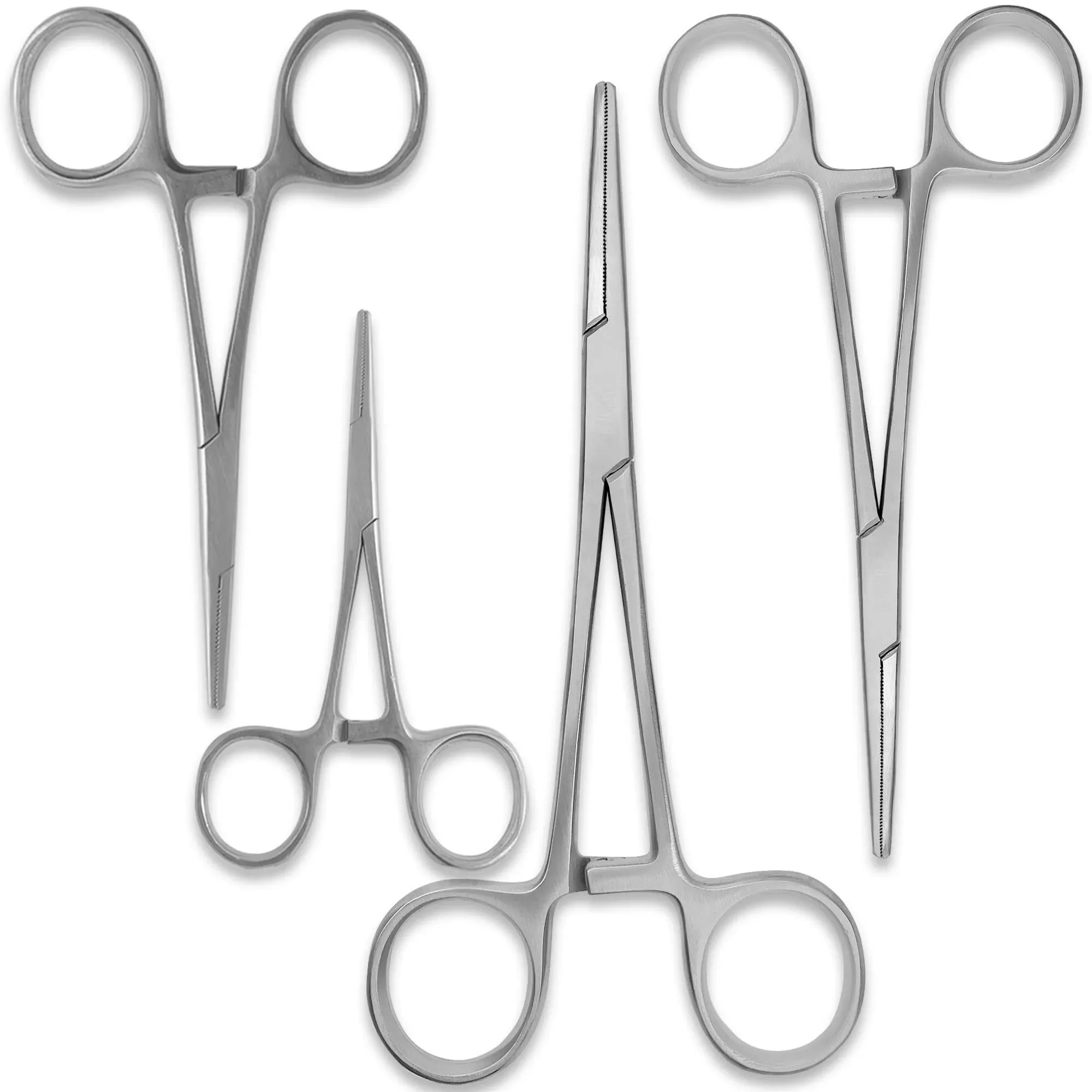 SURGICAL ONLINE Durable 4-Piece Straight Hemostat Set - High Quality Stainless Steel, Autoclavable, Precision Tips, Serrated Jaws, Three Locking Positions (3.5”, 5”, 6.25”, 8")