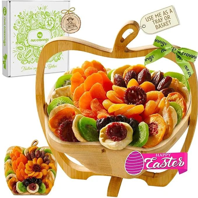 Nut Cravings Gourmet Collection - Easter Dried Fruit Wooden Apple-shaped Gift Basket + Tray (9 Assortment) Flower Arrangement Platter with Green