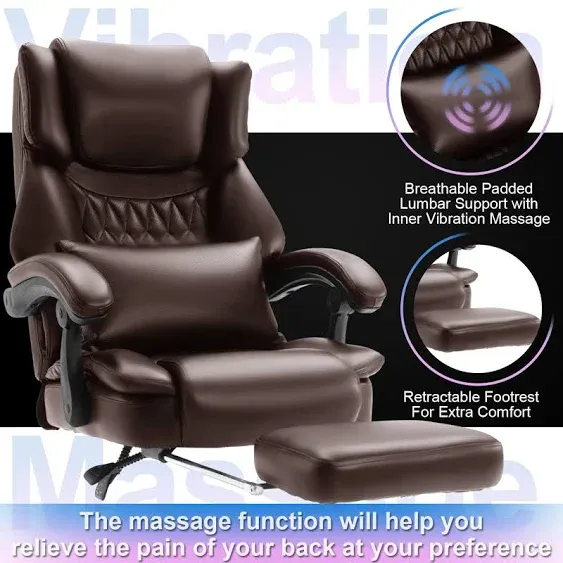 High Back Massage Reclining Office Chair with Footrest - Executive Computer Home Desk Massaging Lumbar Cushion, Adjustable Angle, Breathable Thick Padding for Comfort (Black)