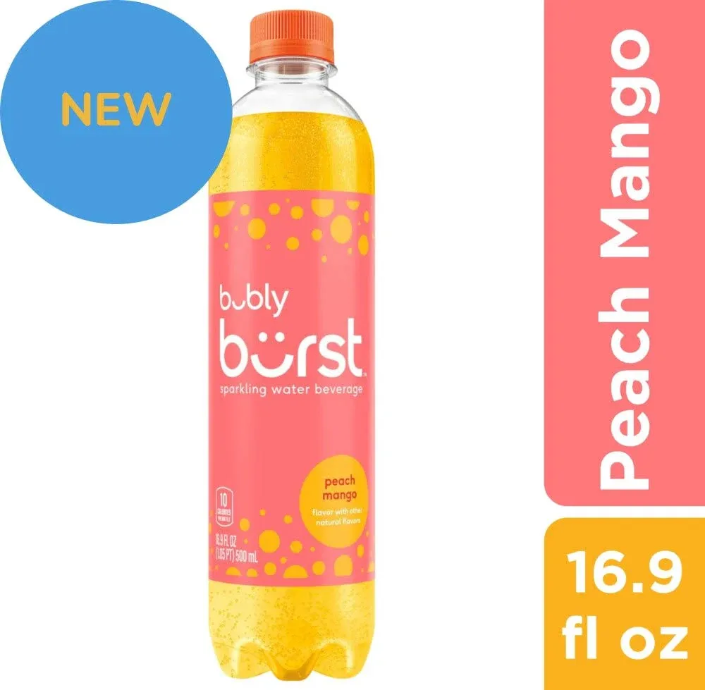 bubly burst Peach Mango Sparkling Water, 16.9oz Bottles, 12 Pack, Immune Support