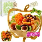 NUT CRAVINGS Gourmet Collection - Diwali & Halloween Treats Dried Fruit Wooden Apple-Shaped Gift Basket + Tray (9 Assortment) Flower Arrangement Platter with Green Ribbon - Healthy Kosher