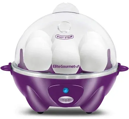 Elite Gourmet EGC700P# Rapid Egg Cooker, 7 Easy-To-Peel, Hard, Medium, Soft Boiled Eggs, Poacher, Omelet Maker, Auto Shut-Off, Alarm, 16-Recipe Booklet, BPA-Free, Eggplant