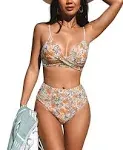 Cupshe Floral Print Twist Bralette & Spliced High Waist Bikini Set - Pink, M