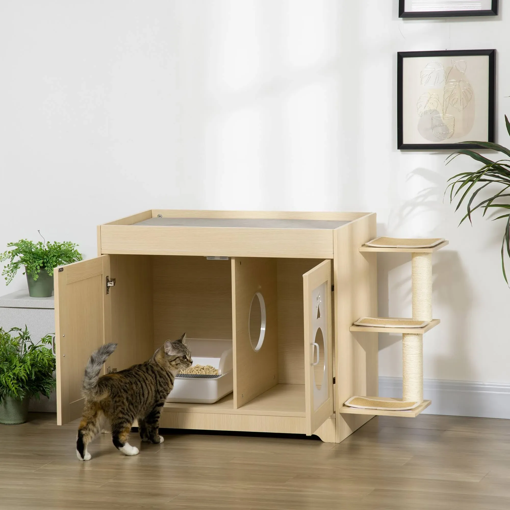 PawHut 3-in-1 Cat Litter Box Enclosure & Elevated Cat Bed Tree with Scratching ...