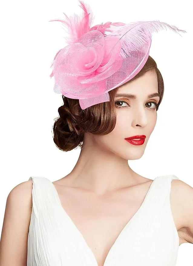 Z&X Sinamay Fascinator Pillbox Hats for Women Feather Flower Church Derby Headband Clip Wedding Tea Party Hat