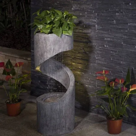 Glitzhome Decorative Tiered Outdoor Water Fountain with LED Light, Curved Waterfall Fountain with Stone Planter, Patio Water Fountain Garden Waterfall, 31.3”H