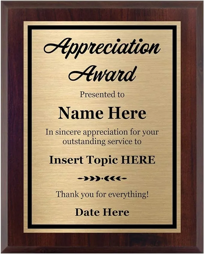 Appreciation Award Plaque Customized 8x10 - Personalized Awards and Trophies for Employee Recognition - Custom Plaques with Your Text - Customize Now!