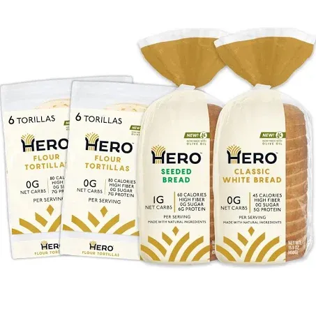 Hero Triple Threat Bundle — 1g Net Carb Seeded Sandwich Bread, 0g Net Carb White Bread, 0g Net Carb Flour Tortilla | 0g Sugar, High Fiber & <100 Calories per serving | Net Low Carb & Keto-Friendly