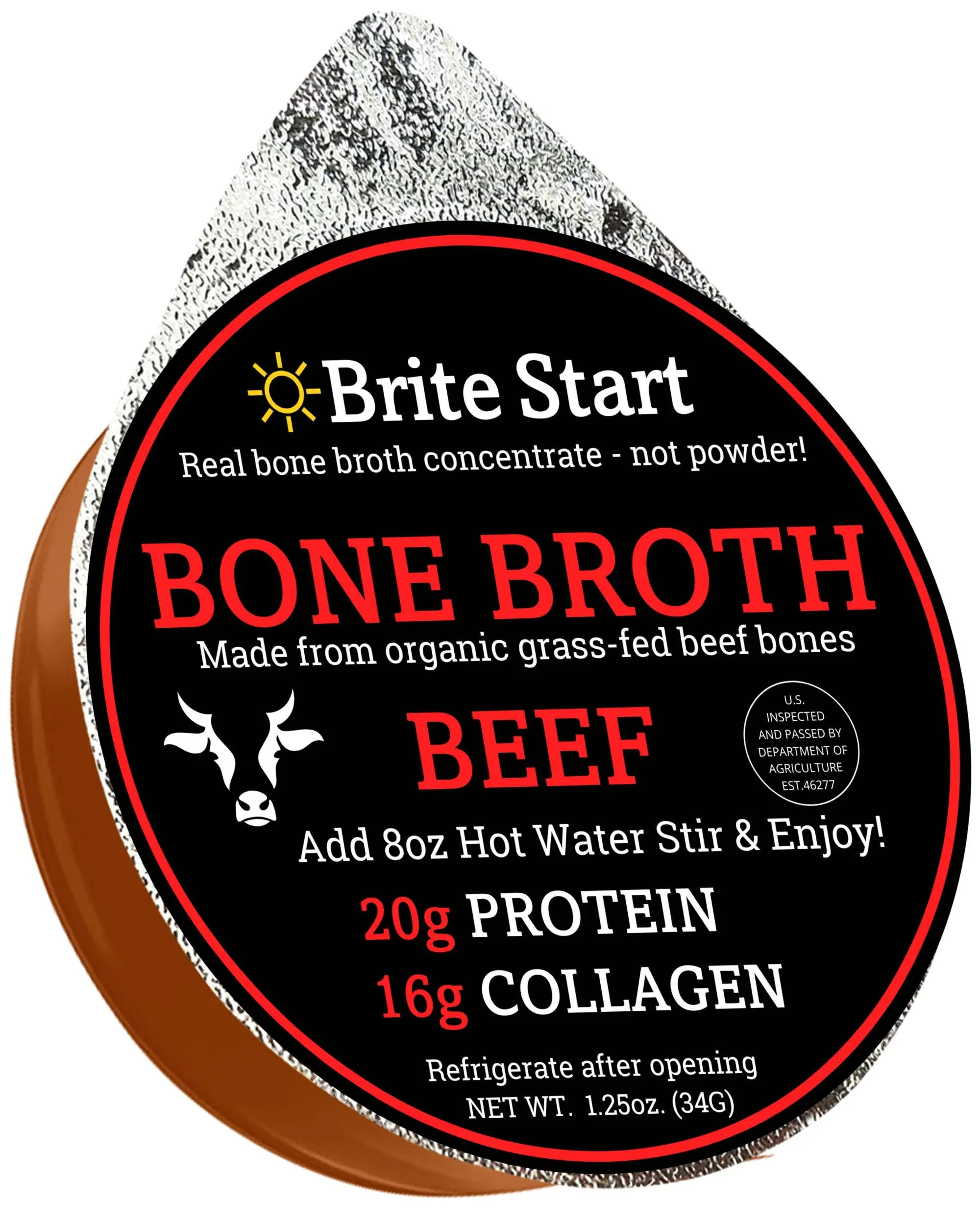 Brite Start Bone Broth - Beef Bone Broth - 12 Count - Keto Friendly Concentrate Packed with 16g Collagen, 20g Paleo Protein -Made from Organic Grass Fed Beef Bones- Single Serve Packets