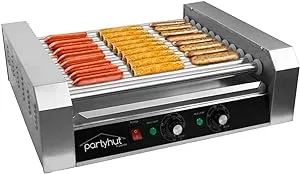 PartyHut 30 Hot Dog Roller Warmer Grill Cooker Machine, Commercial Grade, (with Bun Warmer Drawer, 11 Non-Stick Rollers, 30 Hot Dog Sausage Grill Cooker, and Removable Stainless Steel Drip Tray)