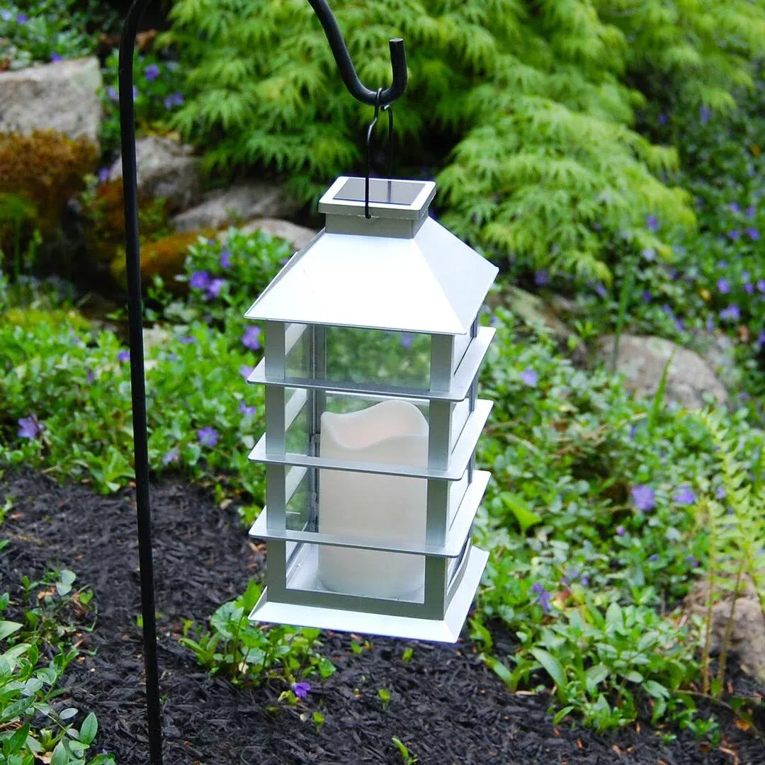 LumaBase Solar Powered Lantern with LED Candle - Silver