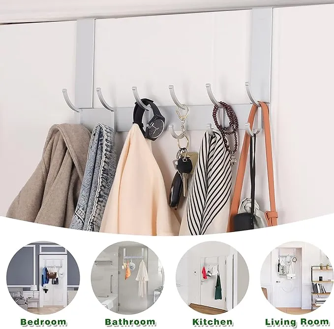 Heavy-Duty Door Hanger Hook with 6 Dual Hooks, Sturdy Over The Door Hanger Hook