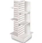 SSWBasics Durable White Slatwall Tower for Retail: Premium Slatwall Display Panels | Versatile Slatwall Gondola Solution 4-Panel White Slatwall Tower with Casters and Shelves (23"L x 23"W x 54"H)