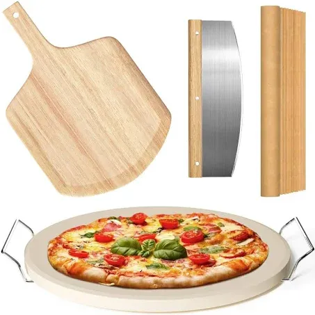 5 PCS Round Pizza Stone Set, 13" Pizza Stone for Oven and Grill with Pizza Peel(OAK),Serving Rack, Pizza Cutter & 10pcs Cooking Paper for Free, Baking Stone for Pizza, Bread