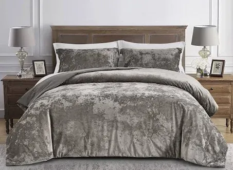 Chezmoi Collection Lux 3-Piece Pewter Gray Velvet Comforter Set Full Size, All Season Lush Plush Velvet Bedding Set with Soft Washed Microfiber Reverse