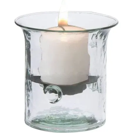 Glass Hurricane Pillar Candle Holder with Rustic Metal Insert, Perfect as a Centerpiece (4" Tall)