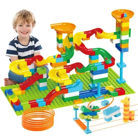 2-in-1 Kids Toys for 2 3 4 5 6 7 + Year Old Boys Girls Toddlers Upgrade Classic Big Bricks Marble Run Building Blocks, Toss Ring Games Compatible with All Major Brands for Christmas Birthday