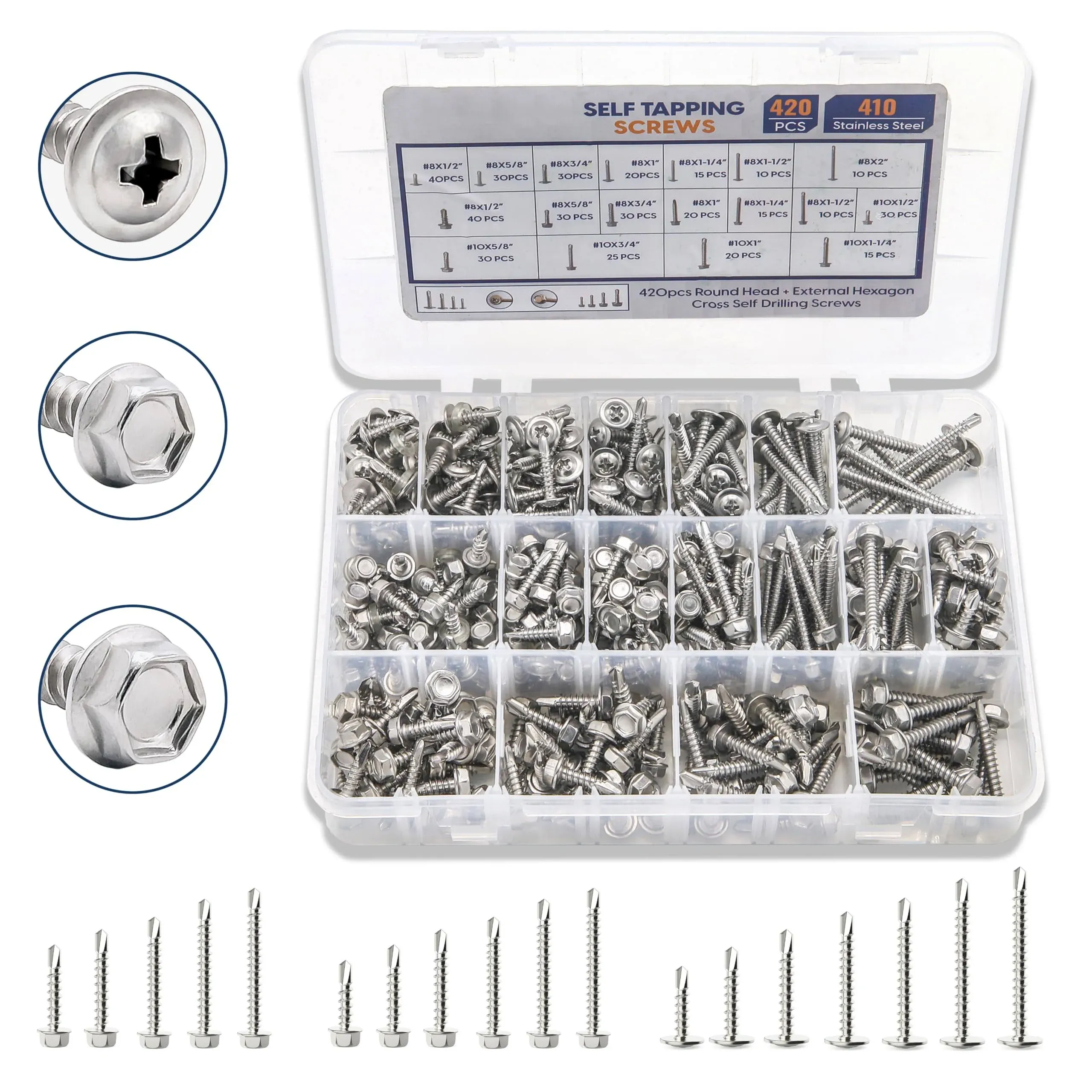 420Pcs Self Tapping Screws for Metal – 410 Stainless Steel Self Drilling Scre...