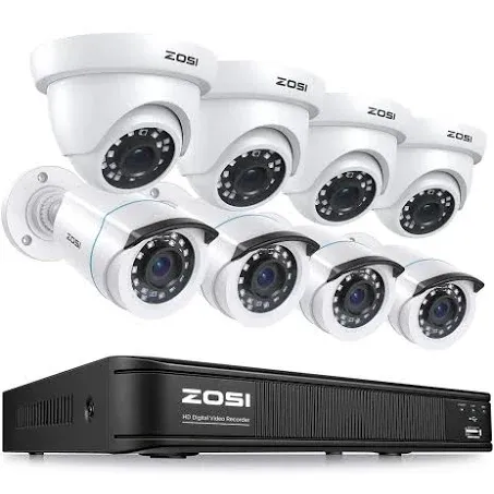 ZOSI H.265+ 1080p Home Security Camera System Indoor Outdoor, 5MP Lite CCTV DVR 8 Channel and 8 x 1080p Weatherproof Surveillance Bullet Dome Camera, Remote Access, Motion Detection (No Hard Drive)