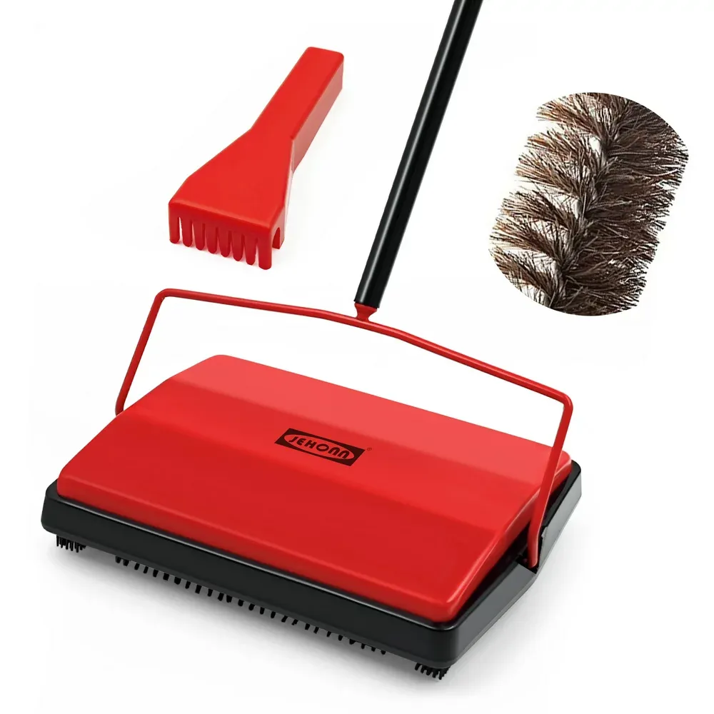 Carpet Floor Sweeper with Horsehair, Non Electric Manual Sweeping (Red)