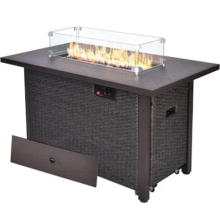 Fire Pit Table 42 Inch Outdoor Propane Gas Fire Pit for Outside 50,000 BTU Auto-Ignition Gas Firepit Outdoor Rattan Table with Glass Wind Guard and Cover