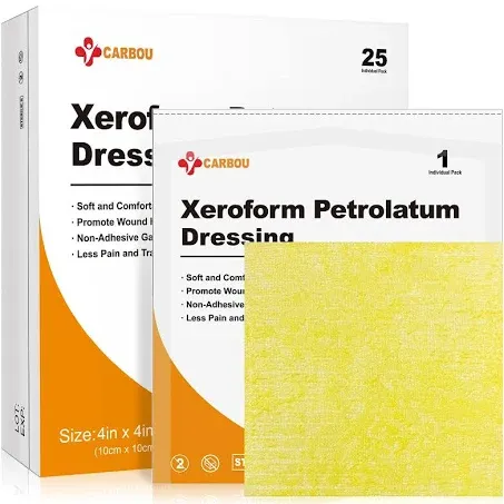 Carbou 4"x4" Medical Xeroform Petrolatum Dressing, Non-Adherent Gauze Pads, Soft Fine Mesh Gauze Patch for Wound Care, Burns, Lacerations, Skin Grafts & Surgical Incisions, 25 Individual Pack