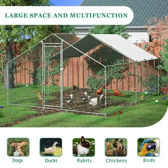 Walk-in Poultry Cage Hen Rabbit Run House Large Metal Chicken Coop w/ Cover