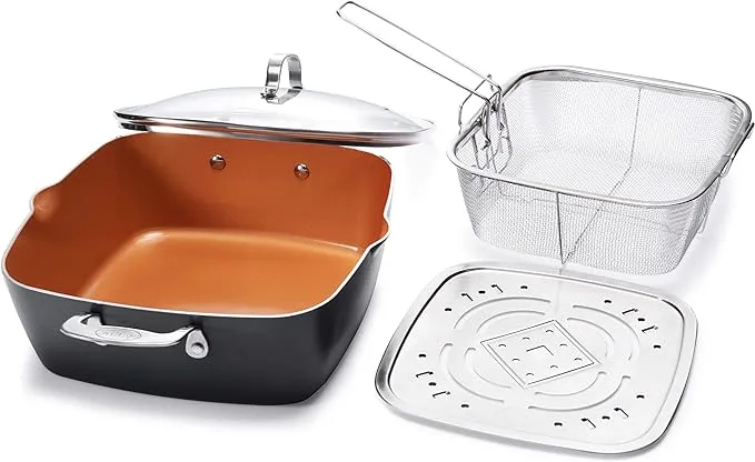 GOTHAM STEEL - 6 Quart XL Nonstick Copper Deep Square All in One 6 Qt Casserole Chef’s Pan & Stock Pot- 4 Piece Set, Includes Frying Basket and Steamer Tray, Dishwasher Safe,Brown