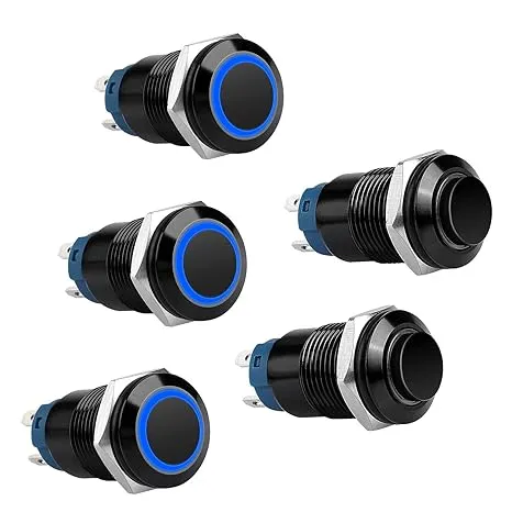 12V 24V 12mm Latching Push Button Switch with High Round Cap, Waterproof Metal Pushbutton Switch Stainless Steel 1NO1NC SPST ON/OFF Self-Locking Marine Switch for 1/2" Mounting Hole (5PCS, Blue Light)