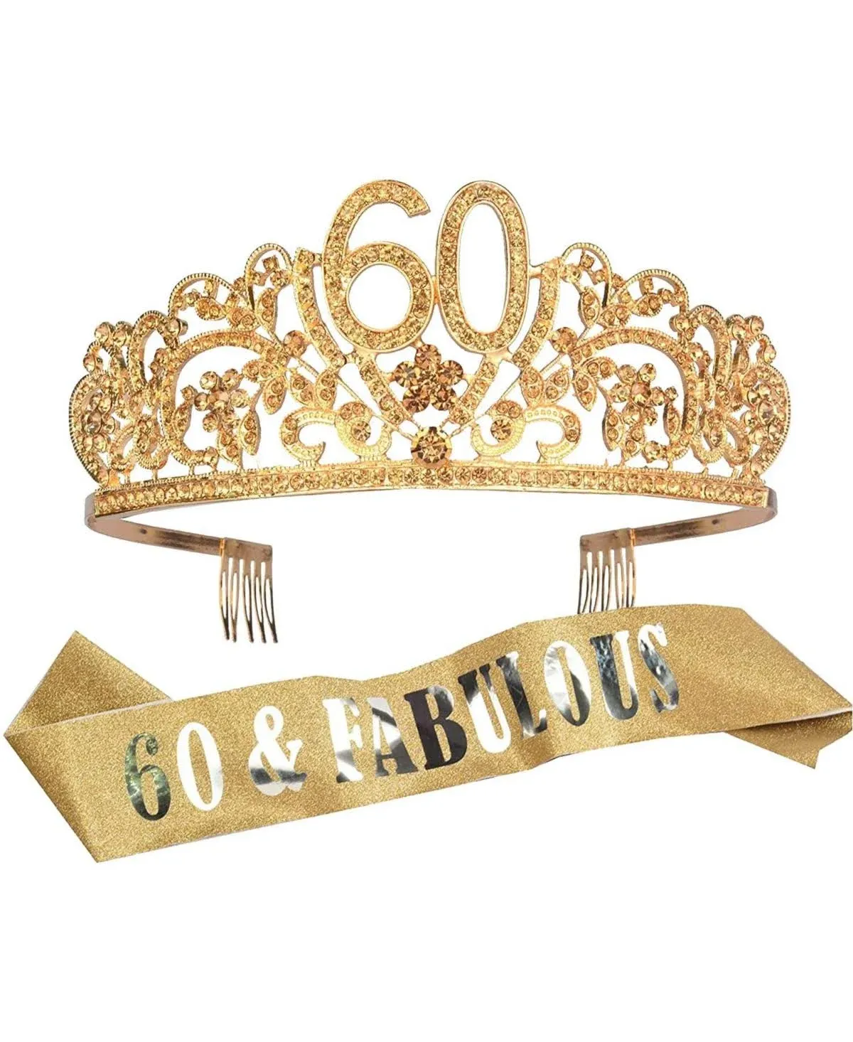 60th Birthday Sash and Tiara for Women - Fabulous Glitter Sash + Flowers Rhinestone Gold Premium Metal Tiara for Her, 60th Birthday Gifts for 60 Party