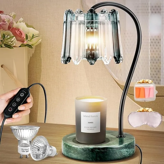 Candle Warmer Lamp with Timer & Dimmer, Electric Candle Warmer with 2 Bulbs, Ideal for Jar Candles, Marble Base and Glass Iampshade Retro Design (Green)