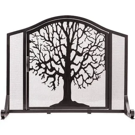 Plow & Hearth Metal Fireplace Screen Tree of Life Black | 38" W x 31" H | Flatguard | Spark Guard Grate | Iron Fire Place Cover | Wood Stove Accessories