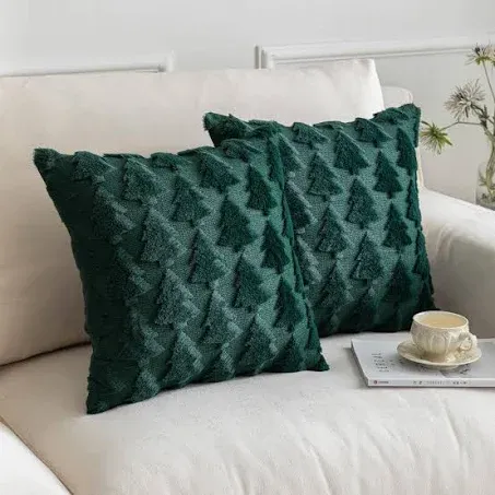 Christmas Tree Decorative Throw Pillow Covers Set of 2 Packs, Soft Fluffy Pillowcases for Home Décor, Boho Pillow Covers for Couch Bedroom(Green-Tree, 18"x18")