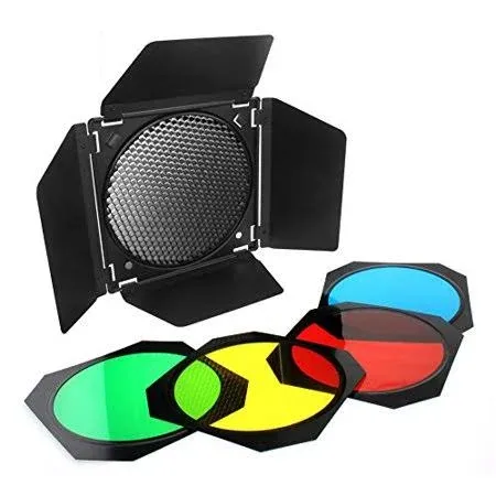 Soonpho BD-04 Barn Door with Honeycomb Grid and 4 Color Gel Filters (Red,Yellow, Blue,Green) for Standard Reflector & Cloth