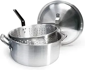 Bayou Classic 1350 14-qt Aluminum Fry Pot w/ Lid and Aluminum Perforated Basket Features Heavy-Duty Riveted Handles Domed Lid Perfect For Frying Fish Shrimp Chicken and Hushpuppies