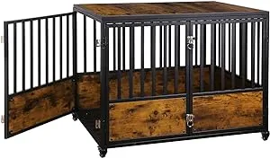 Dog Crate Furniture 44 Inch Wooden Dog Kennel, Pet Crates End Table with 2 Doors, Dog Cage Indoor with 4 Lockable Wheels for Medium and Large Dogs, Rustic Brown