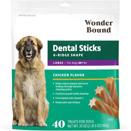 Amazon Brand - Wonder Bound Chicken Flavor Dental Sticks for Large Dogs (Over 30 lbs), 6-Ridge Shape for Plaque & Tartar Control, Freshens Breath, Made With Real Chicken, 40 Count (Pack of 1)