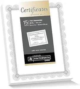 Southworth® Premium Foil Certificates, 8 1/2" x 11", 66 Lb White/Silver Foil Fleur, Pack Of 15