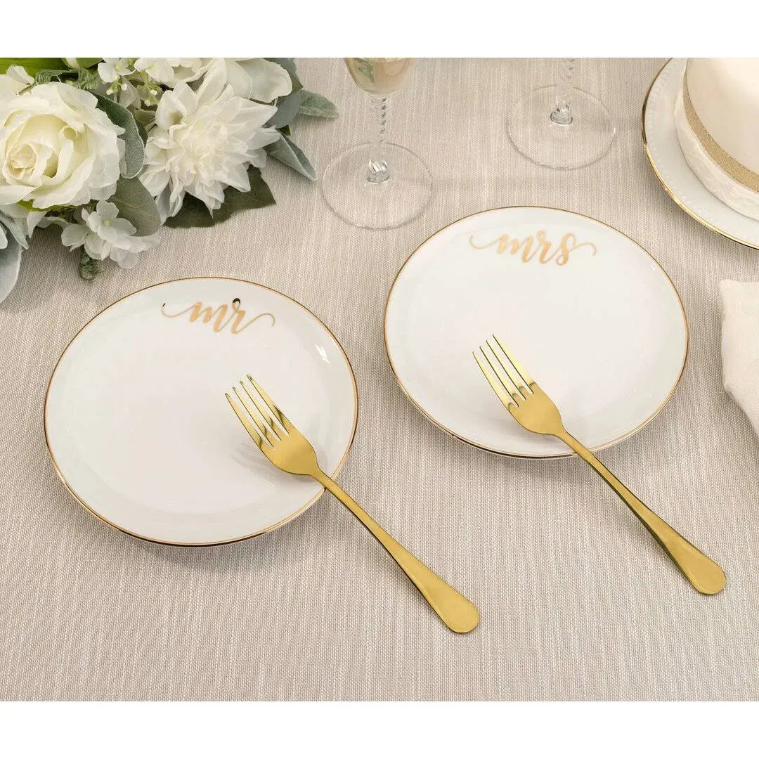 Lillian Rose Mr & Mrs Mrs Plates with 2 Forks Wedding Cake Ceremony Alternative Set, 7", Gold