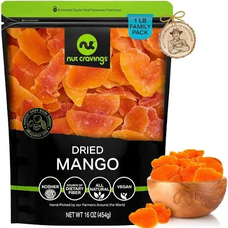 NUT CRAVINGS Dry Fruits - Sun Dried Mango Slices, with Sugar Added (16oz - 1 LB) Packed Fresh in Resealable Bag - Sweet Snack, Healthy Food, All Natural, Vegan, Kosher Certified