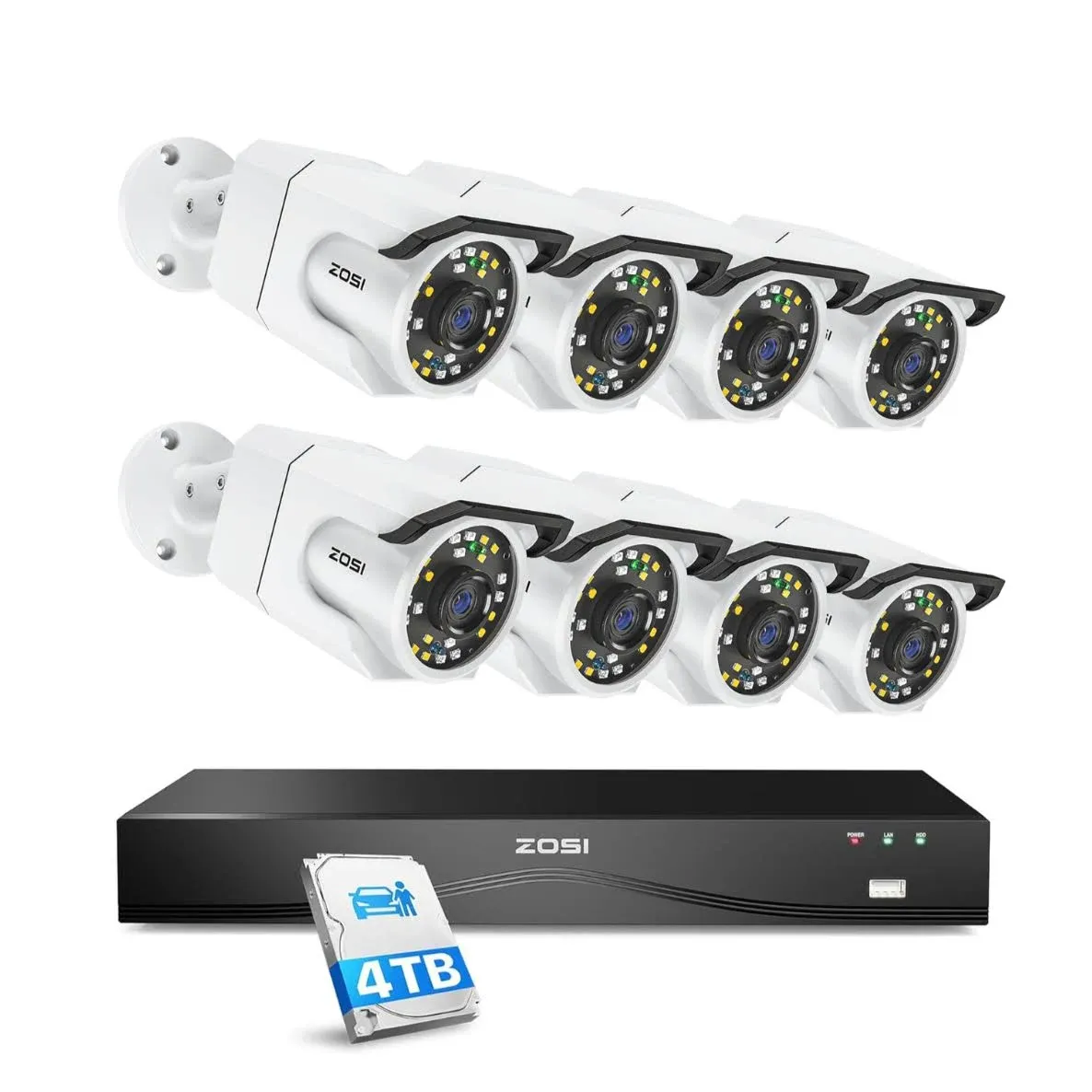 Zosi 24CH 4K PoE Security Camera System with Audio,8pcs 8MP 4K PoE Cameras Outdoors,Color Night Vision,Human Detection,Smart Light Alarm,16 Port