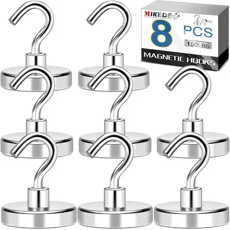 MIKEDE Magnetic Hooks Heavy Duty, 150LB+ Strong Neodymium Magnets with Hooks for Refrigerator, Large Magnetic Hooks with Epoxy Coating for Hanging, Home, Workplace - 10 Pack