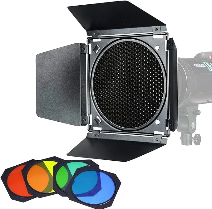 Godox BD-04 Barn Door Barndoor Kit with Honeycomb Grid 4 Color Gel Filters for 7 Standard Reflector Godox